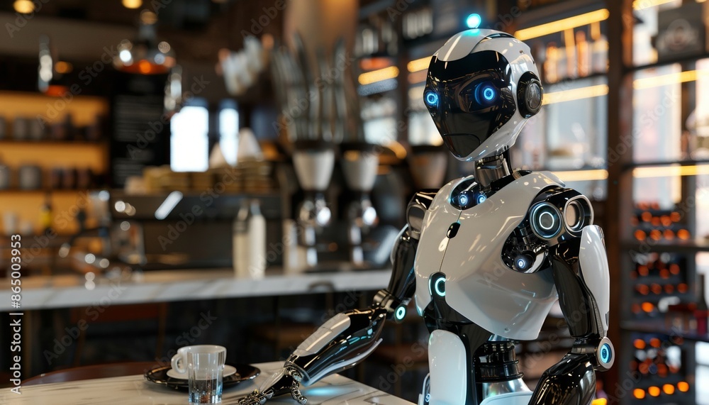 Futuristic Robot Server Ready to Assist in Modern Cafe Environment Futuristic Robot Server Ready to Assist in Modern Cafe Environment