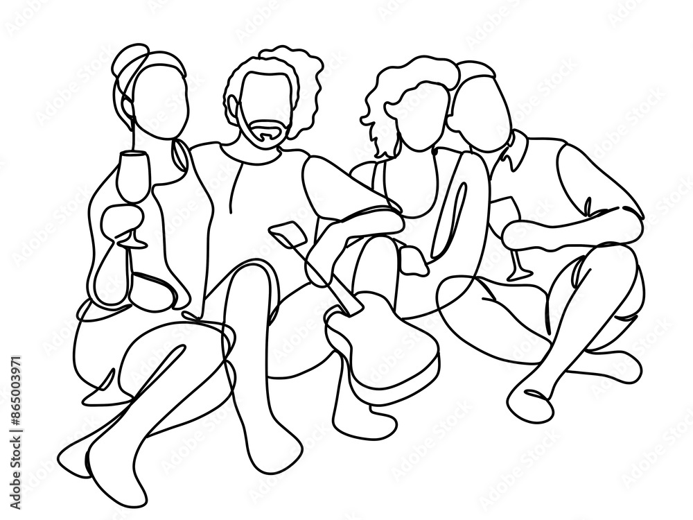 Continuous black white line drawing of friends sitting together, drinking and chatting, man and woman, relaxing, minimalist art. Ideal for friendship theme Continuous black white line drawing of friends sitting together, drinking and chatting, man and woman, relaxing, minimalist art. Ideal for friendship theme