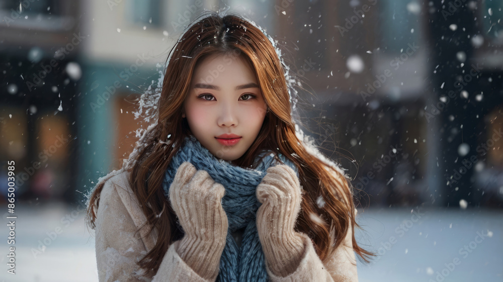 Young Asian woman is having fun during the snowfall. Young Asian woman is having fun during the snowfall.