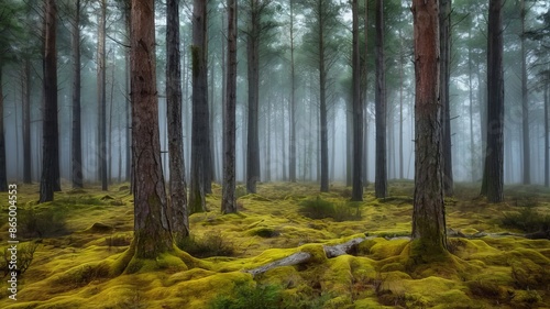 A moss-covered pine forest on a foggy day