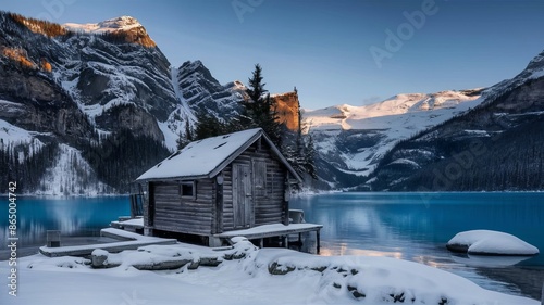 Log house by the lake in winter photo