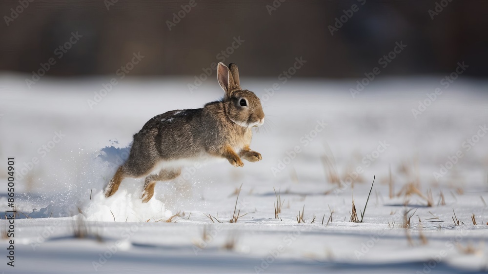 Obraz premium A wild hare is hopping in a snow-covered field.