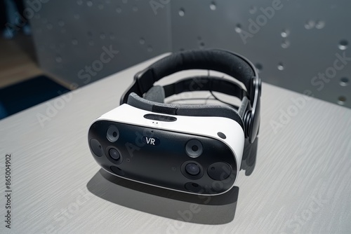 Sleek VR headset on a grey textured surface, showcasing modern design and virtual reality technology, minimalistic and high-tech.