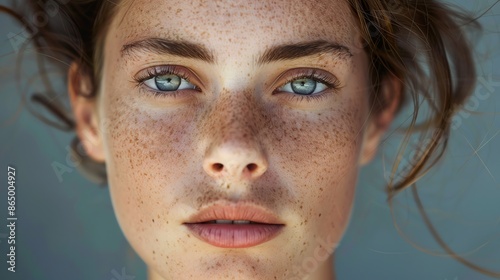 Close-up portrait of a woman with freckles and blue eyes.