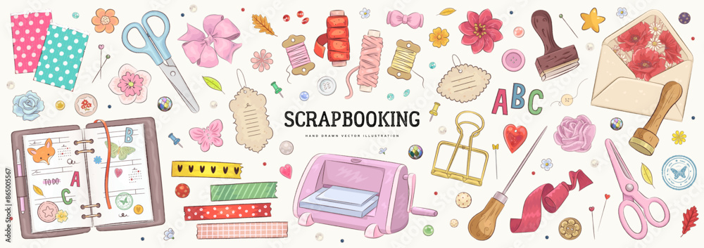 Collection of hand drawn art supplies for scrapbooking isolated on background. Set of scrapbook or planner decoration elements. Stickers, stamp, tape. Vector illustration Collection of hand drawn art supplies for scrapbooking isolated on background. Set of scrapbook or planner decoration elements. Stickers, stamp, tape. Vector illustration