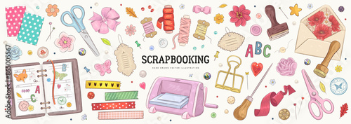 Collection of hand drawn art supplies for scrapbooking isolated on background. Set of scrapbook or planner decoration elements. Stickers, stamp, tape. Vector illustration