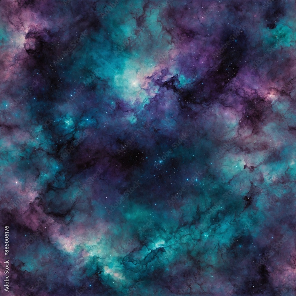 Fototapeta premium Mesmerizing cosmic scene showcases vibrant nebula with swirling clouds of gas, dust in shades of teal, purple, black. Nebula's intricate patterns, textures create sense of depth, movement.