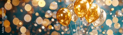 Happy 50th birthday, gold helium 50 birthday balloons on a birthday cake, bright celebration setting