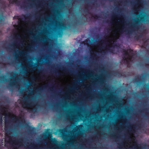 Mesmerizing cosmic scene showcases vibrant nebula with swirling clouds of gas, dust in shades of teal, purple, black. Nebula's intricate patterns, textures create sense of depth, movement.