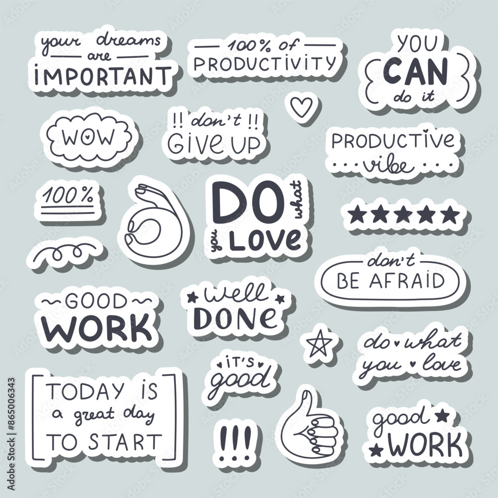 Fototapeta premium Big doodle stickers set with handwritten lettering with motivational, cheering phrases for planners, notebooks. Ready for print list of cute stickers. Inspirational typography for good job, result.