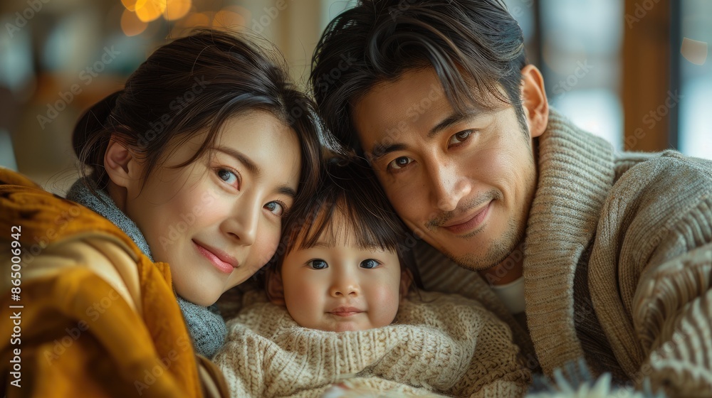 Happy Asian Family Embracing in a Warm, Cozy Setting Happy Asian Family Embracing in a Warm, Cozy Setting