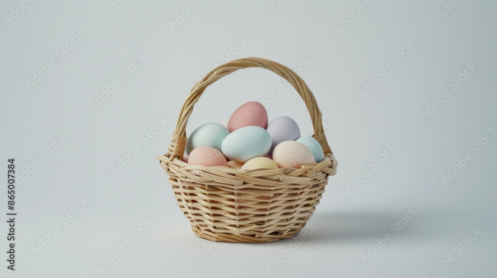 Eggs arranged in a basket against a white backdrop Eggs arranged in a basket against a white backdrop