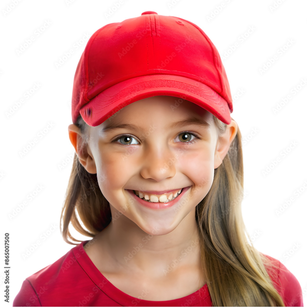 Portrait of smiling girl with red baseball cap Isolated on white background Portrait of smiling girl with red baseball cap Isolated on white background