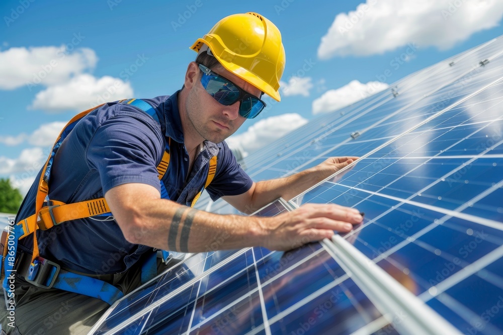 A technician wearing safety goggles inspects a solar panel for maintenance or repair, A technician wearing safety goggles inspecting a faulty solar panel A technician wearing safety goggles inspects a solar panel for maintenance or repair, A technician wearing safety goggles inspecting a faulty solar panel
