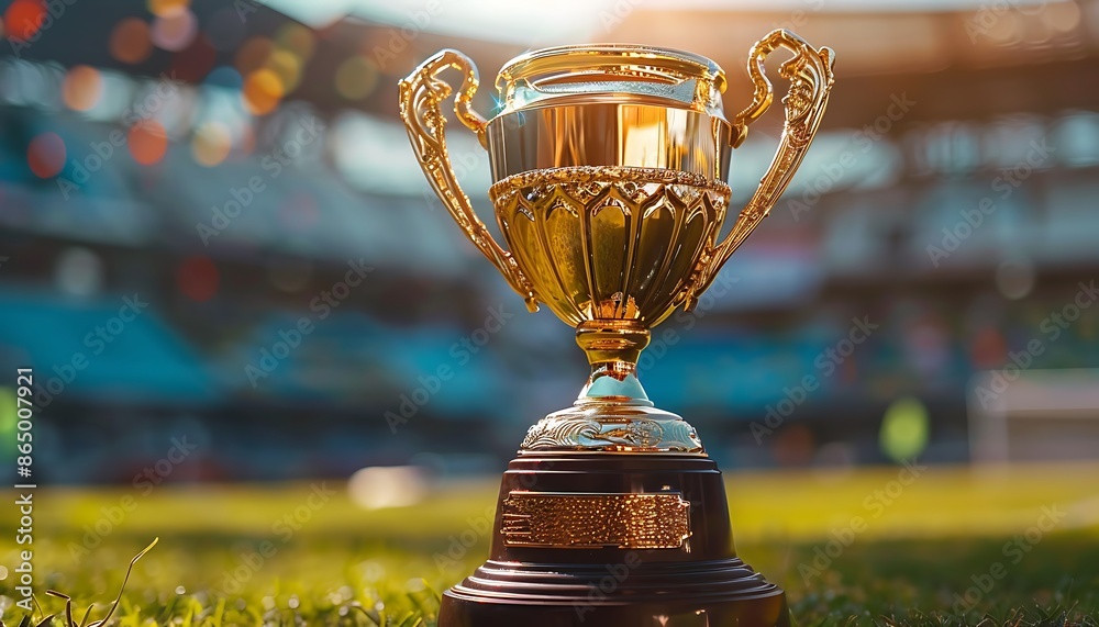 Trophy cup on green grass in football stadium with lighting effect. Trophy cup on green grass in football stadium with lighting effect.