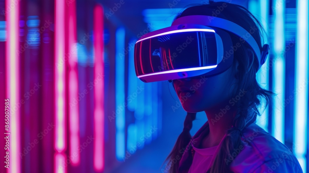 A teenager immersed in a virtual reality experience, wearing a VR headset and ready for a game in a neon-lit futuristic cyber world A teenager immersed in a virtual reality experience, wearing a VR headset and ready for a game in a neon-lit futuristic cyber world