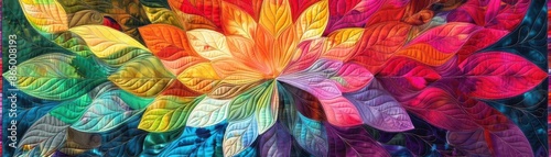 Vibrant small fabric pieces arranged in a kaleidoscope pattern, colorful quilting, intricate textile art
