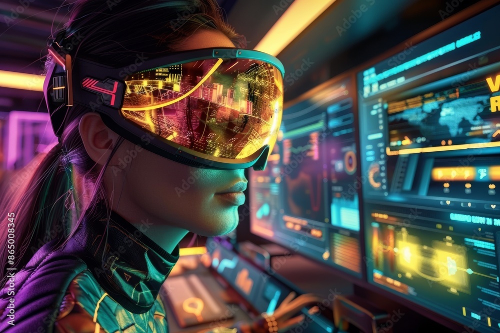 Woman using VR headset in a gaming setup with neon lights, experiencing immersive virtual reality gameplay, vibrant and high-tech.