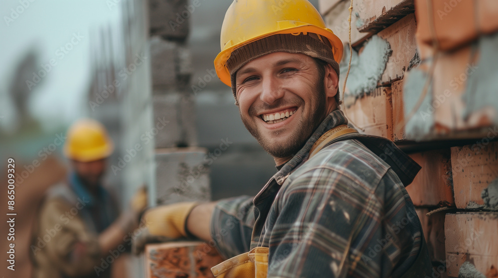 Smiling men bricklayer in work clothes on a construction site. Mason at work. Job. construction company Smiling men bricklayer in work clothes on a construction site. Mason at work. Job. construction company