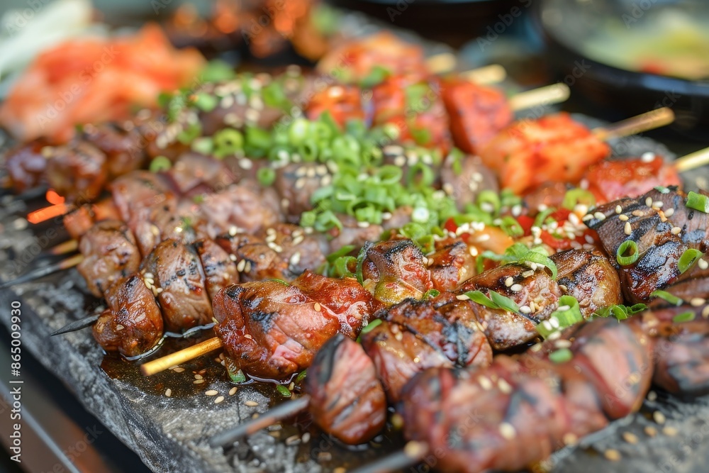 Tray of food with skewers of meat and vegetables, showcasing a tempting display of tangy Korean barbecue, A tempting display of tangy Korean barbecue with marinated meats and kimchi Tray of food with skewers of meat and vegetables, showcasing a tempting display of tangy Korean barbecue, A tempting display of tangy Korean barbecue with marinated meats and kimchi