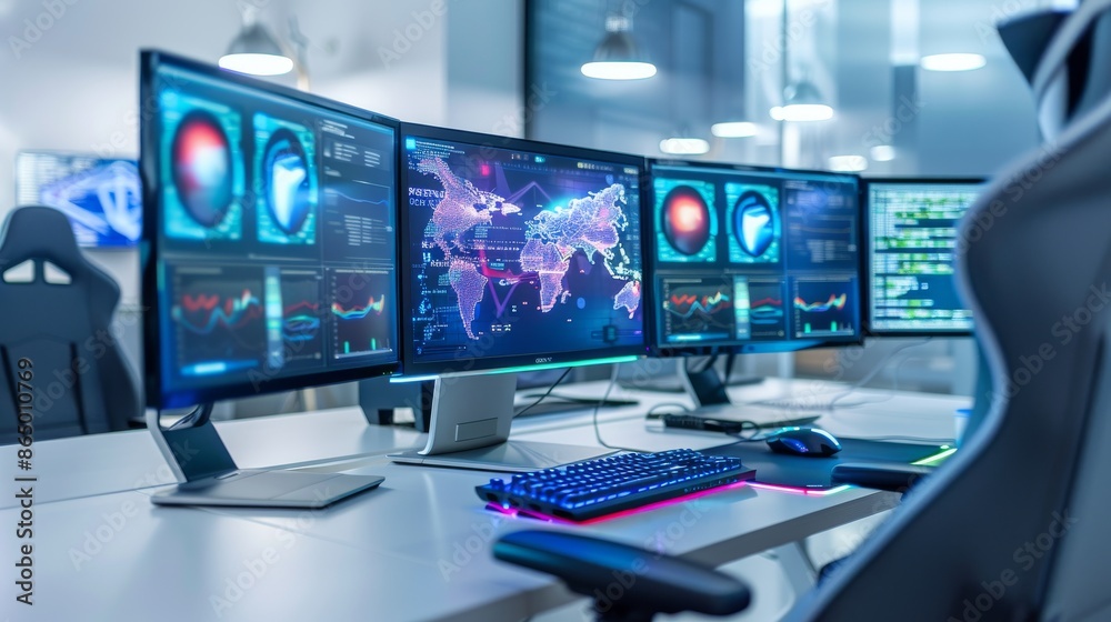 High-tech home office with a futuristic desk, ergonomic gaming chair, and multiple monitors. High-tech home office with a futuristic desk, ergonomic gaming chair, and multiple monitors.