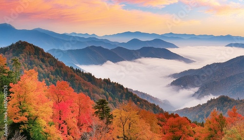 Highlight the natural splendor of the Great Smoky Mountains National Park, USA, with mist-shrouded peaks and vibrant autumn foliage.