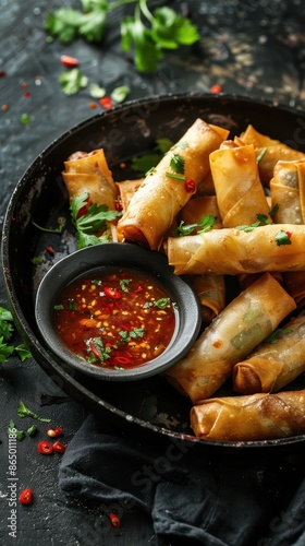 Freshly fried spring rolls with a spicy dipping sauce