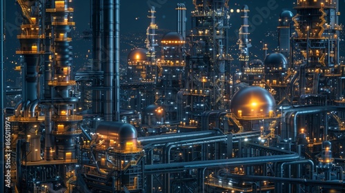 Highly detailed futuristic industrial complex illuminated at night, with intricate pipes and towers © usman