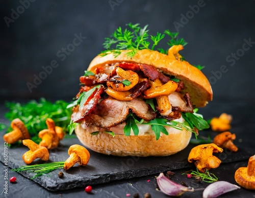 Sandwich mit frischen Pfifferlingen, Schweinemedaillons, Speckstücken, Zwiebeln und Kräutern photo