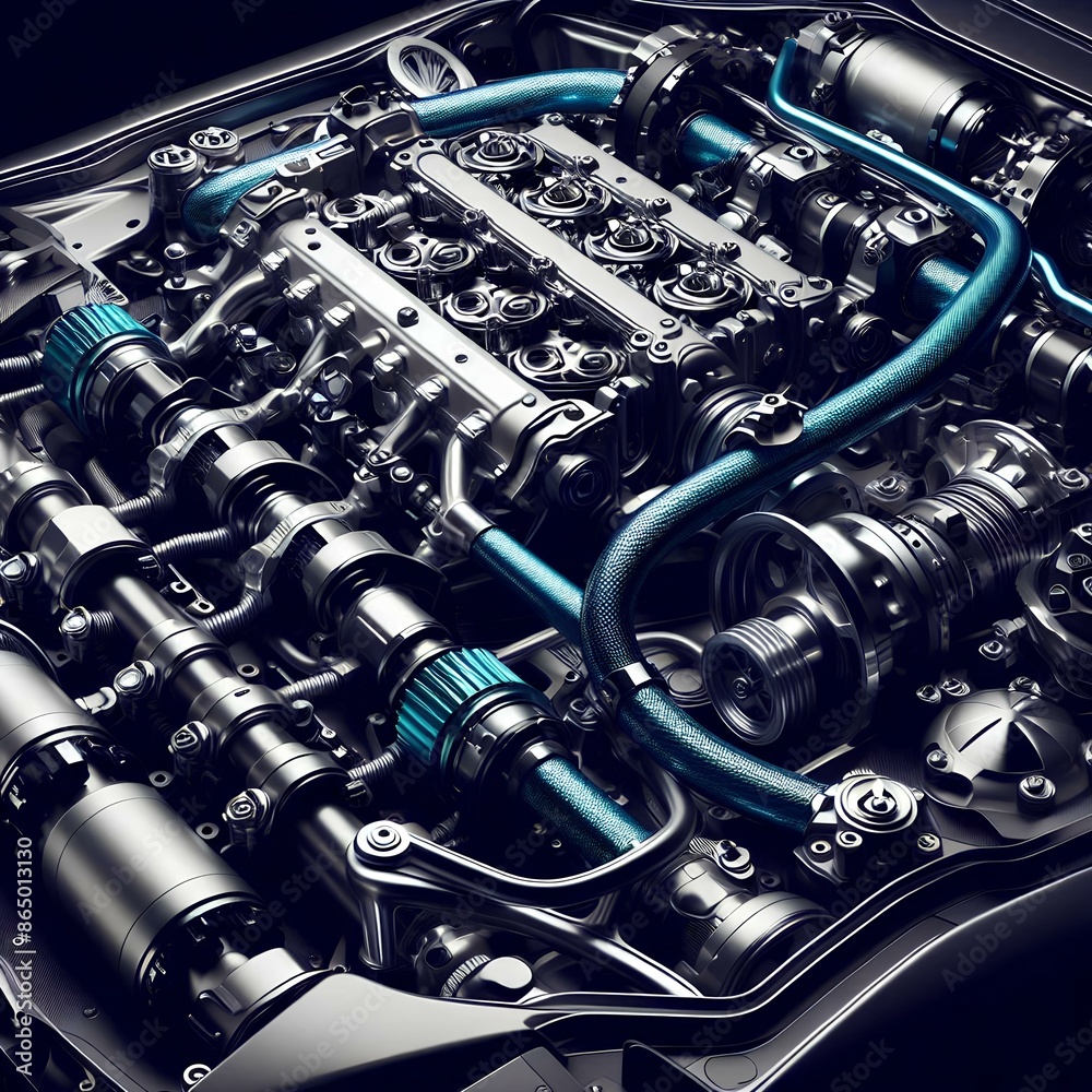 a sleek sports car engine detailed with precision, parts highlighted against a dark background. a sleek sports car engine detailed with precision, parts highlighted against a dark background.