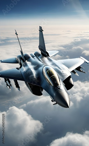A sleek combat fighter jet flies through the clouds, showcasing its advanced design and agility.
