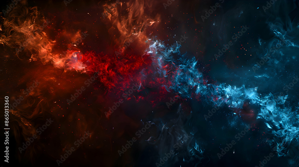 abstract two flames polygonal Water fire effect red and blue smoke between them against a dark background.generative ai