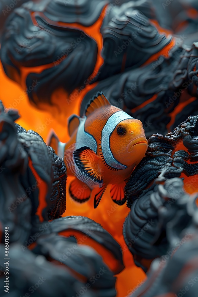 Curious Clownfish Exploring Intricate Lava Rock Patterns in Cinematic Underwater Macro Photography Curious Clownfish Exploring Intricate Lava Rock Patterns in Cinematic Underwater Macro Photography