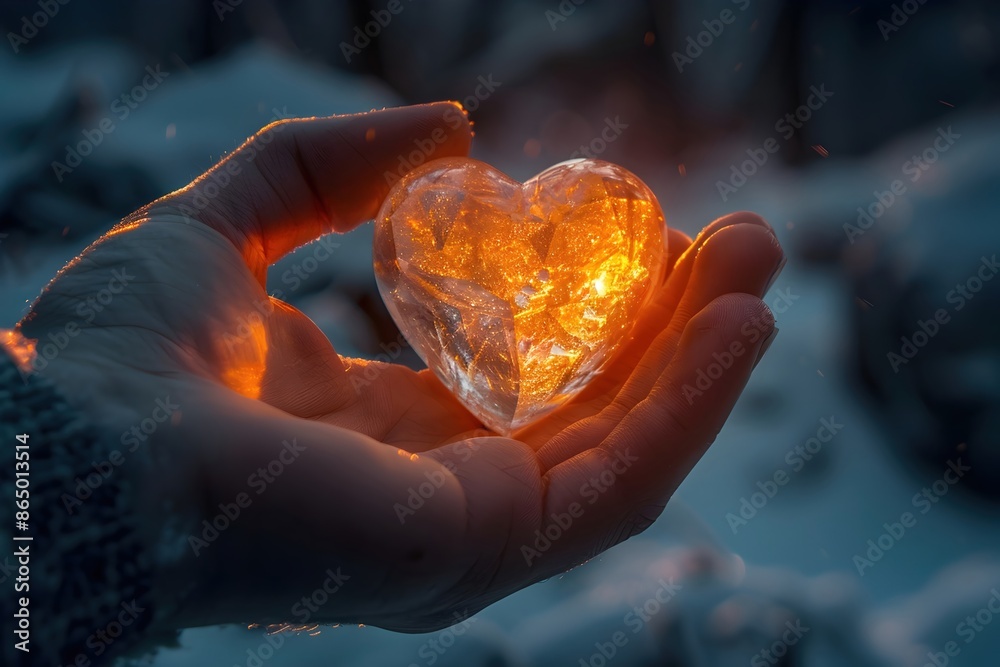 Delicate Fingers Caress Glowing Heart-Shaped Crystal in Cozy Cabin at Twilight Delicate Fingers Caress Glowing Heart-Shaped Crystal in Cozy Cabin at Twilight