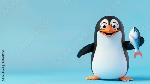 Cute cartoon penguin holding a fish. © stocker