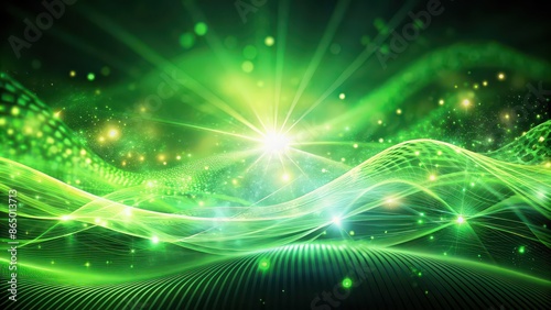 Abstract green energy particles and waves with magical bright glowing futuristic hitech look and blur effect, Abstract, Green