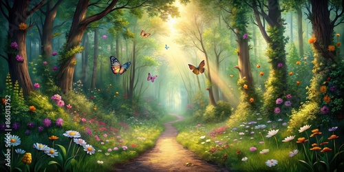 Fantasy scene of path through forest with flowers and butterflies, fantasy, forest, path, flowers, butterflies
