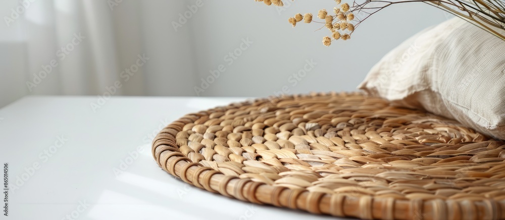 Fototapeta premium Contemporary wicker rug on a white backdrop.