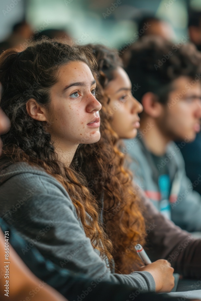 Obraz premium 18. Portrait of a diverse group of students taking notes during a lecture, natural lighting, focused expressions, classroom setting