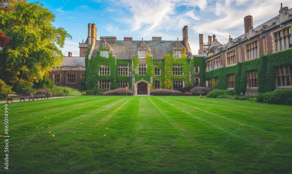 Obraz premium front lawn at an Ivy League university with green grass and hedges, large old building with vine-covered garden walls in the background against blue sky during golden hour