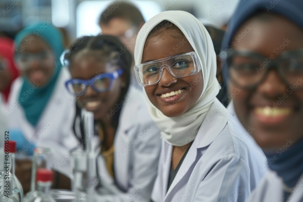 31. Portrait of a diverse group of students participating in a science experiment, high detail, photorealistic, bright lab setting 31. Portrait of a diverse group of students participating in a science experiment, high detail, photorealistic, bright lab setting