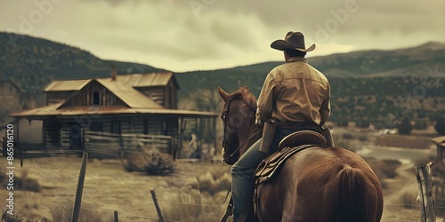 Cowboy on horseback in a classic Western scene. Concept Western Photoshoot, Cowboy Theme, Horseback Riding, Classic Scene, Wild West Portrait