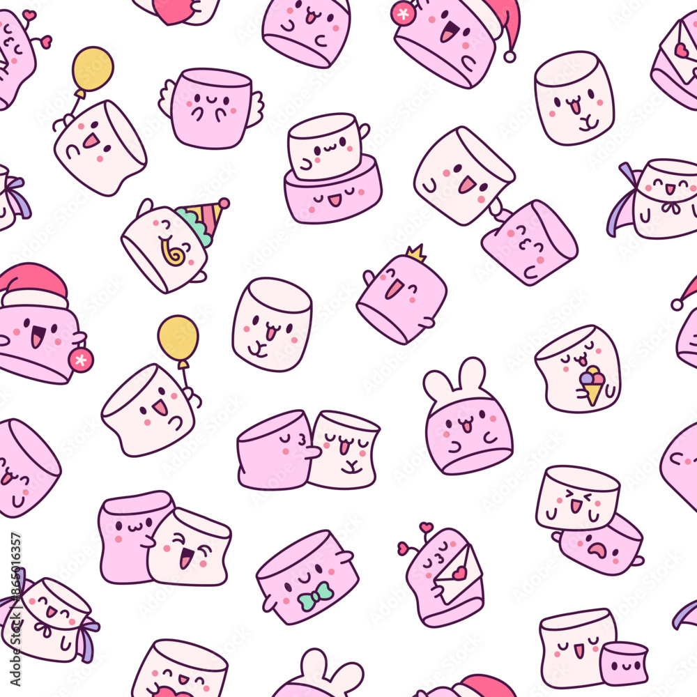 Kawaii marshmallow cute face character. Seamless pattern. Cartoon happy food. Hand drawn style. Vector drawing. Design ornaments.