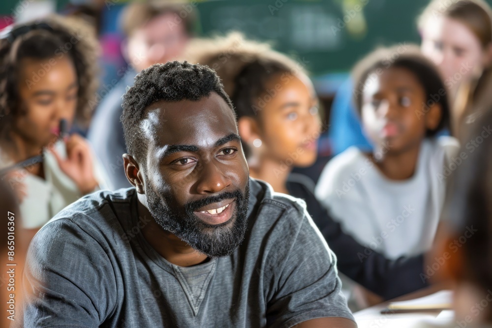 46. Portrait of a multi-ethnic teacher discussing history with students, engaging atmosphere, bright lighting 46. Portrait of a multi-ethnic teacher discussing history with students, engaging atmosphere, bright lighting