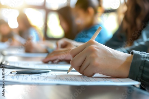 56. Close-up of a teacher's hands grading papers, high quality photo, photorealistic, focused action, bright classroom