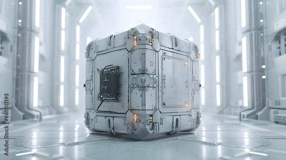 Menacing Otherworldly Bionic Spacecraft Container with Razor-Edged Alien Armor Plating in Simplistic White Environment