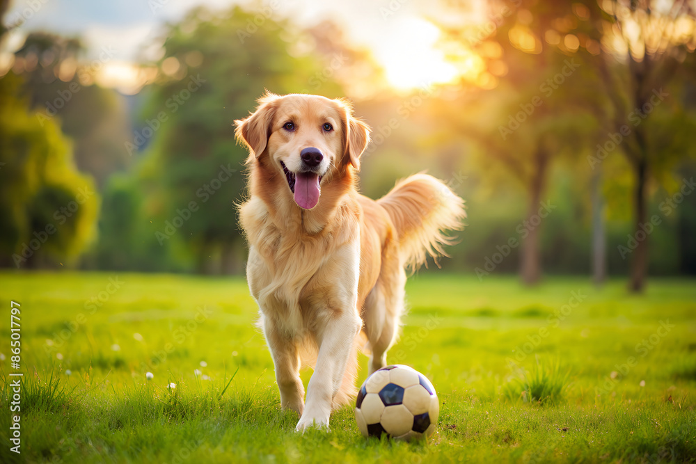 Soccer player golden dog retriever play alone a soccer ball on the ...