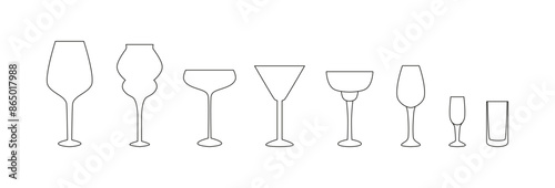 Linear wine glasses. Sketch, icon, doodle. Outline crystal glasses and goblets for white and red wines, cocktails. Wine tasting. Sommelier. Party, celebration time. Contour. 