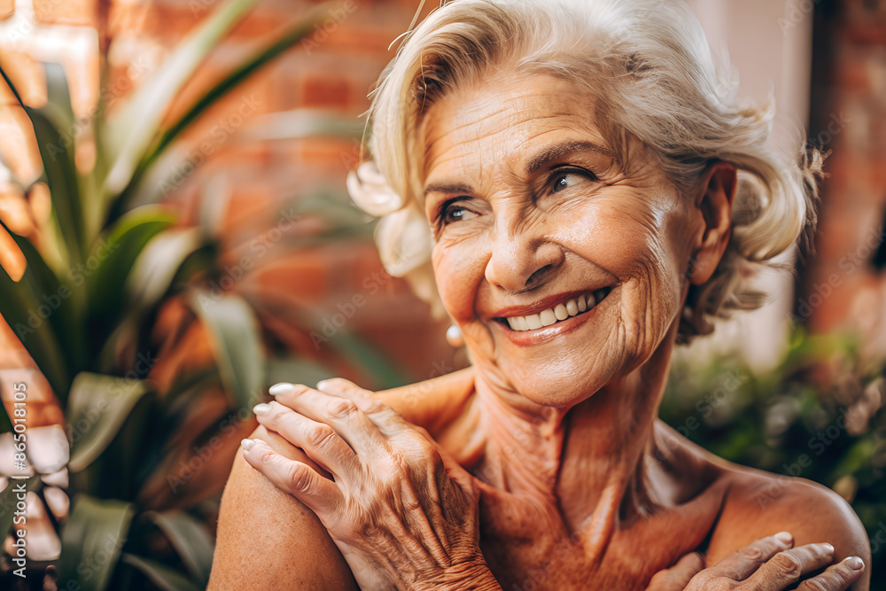 happy senior lady tanned skin body smiling arm touching shoulder and waiting for a spa treatment. happy senior lady tanned skin body smiling arm touching shoulder and waiting for a spa treatment.
