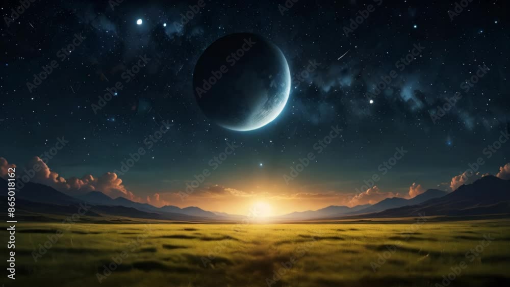 Beautiful night sky and field rolling in space atmosphere scene Beautiful night sky and field rolling in space atmosphere scene
